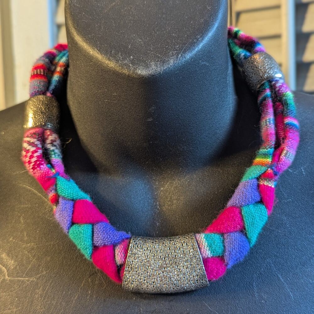 Braided fabric statement necklace with silver toned sliders